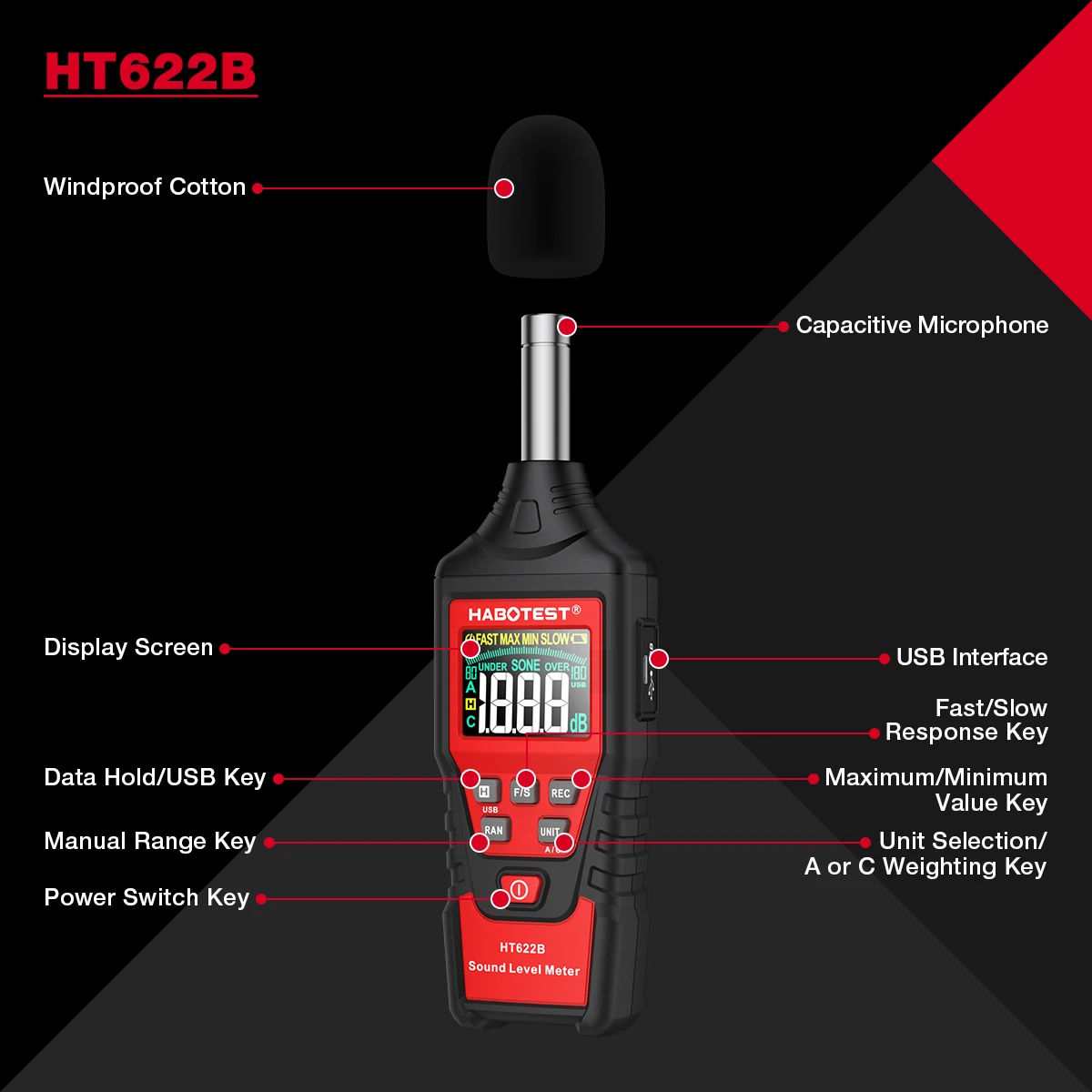 Sound Level Meter Digital Noise Meter HABOTEST HT622 Sound Level Meter Portable SPL Meter 30dBA to 130dBA Audio Noise Volume Measuring Instrument Decibel