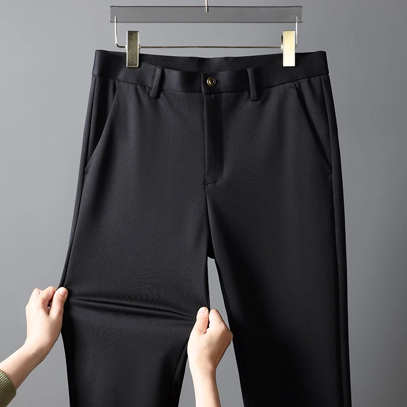 Men's Clothing Button High Waist Pockets Solid Suit Weatpants Straight Leg Trousers Casual Spring Autumn Vintage Long Pants