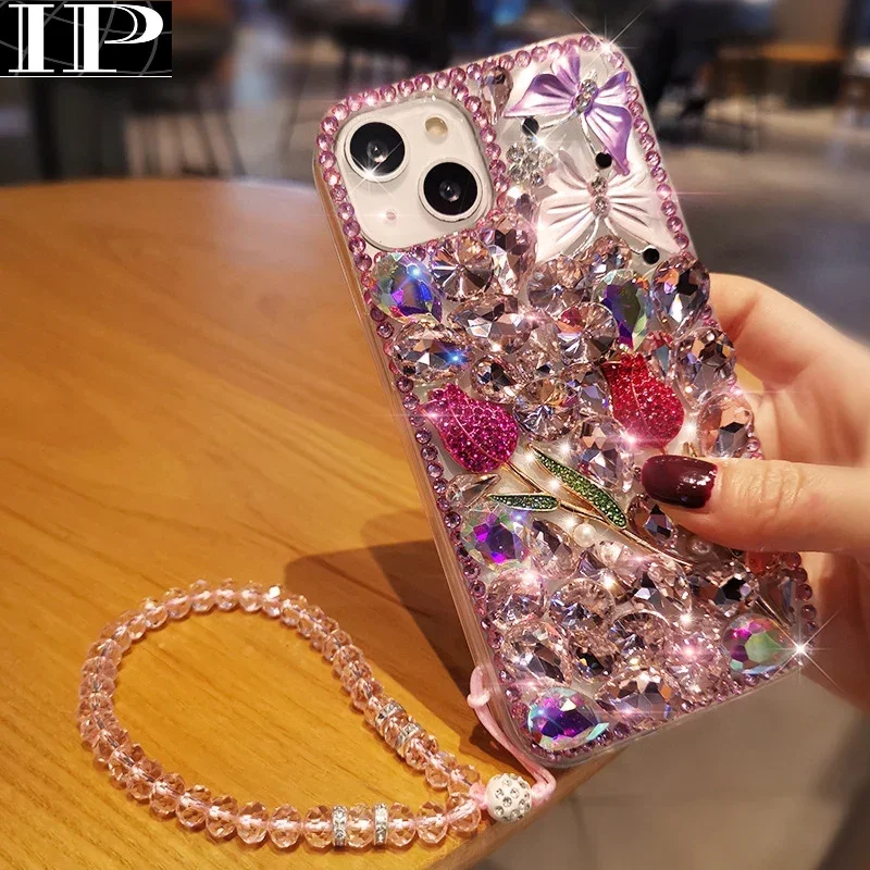 

Роскошный блестящий чехол для Iphone 15 14 13 12 11 Pro MAX XR с бриллиантовыми кристаллами розами цветами бабочками и ремешком