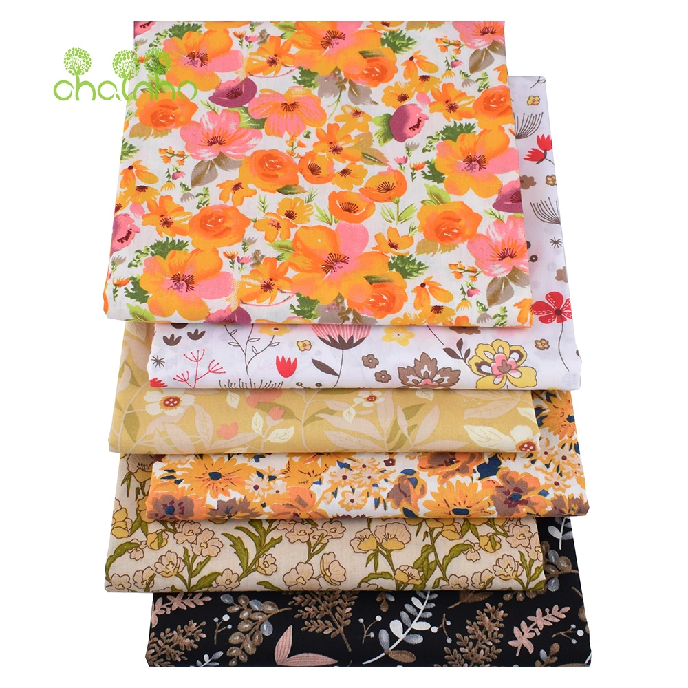 Chainho,Printed Plain Weave Poplin Cotton Fabric,Patchwork Cloth,DIY Quilting Sewing Material,Floral Series,3Sizes,15PC25