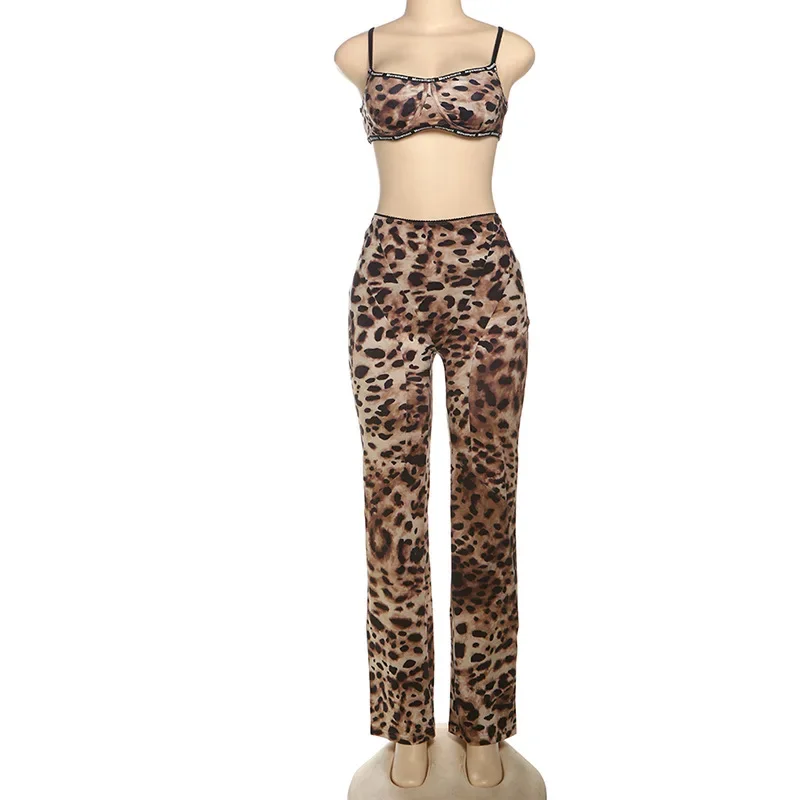 Leopard Print Women Sexy 2 Piece Set Tracksuits Sporty Camisole Vest + High Waist Skinny Leggings Pants Fitness Outfits Suits 2