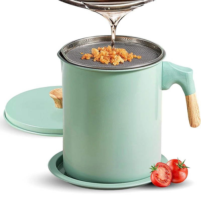 LMETJMA Contenedor de grasa para tocino con colador Filtro de aceite de acero inoxidable de 1,4 L Olla de almacenamiento de aceite de cocina con colador JT403