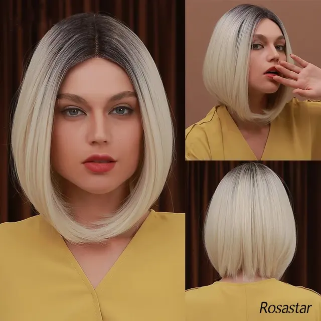 Synthetic Short Ombre Dark Root to Wine Red  Straight 13.5Inch Bob Hair Wig for Women Natural Looking Daily Use or Cosplay Wig Black to Blonde