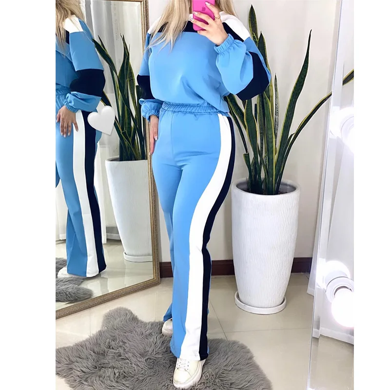 

2023 Women's New Fashion Sports Casual Two-piece Suit, Striped Color Blocking Lantern Sleeve Top High Waist Straight Pants Set