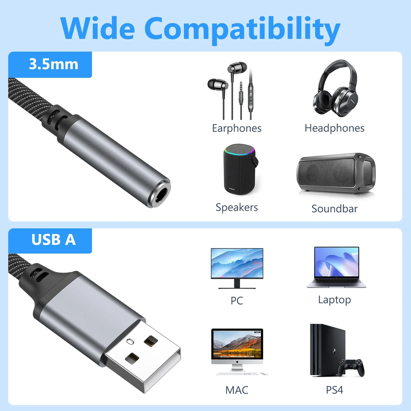 휴대용 USB to 3.5mm 잭 오디오 어댑터 USB to 3.5mm 헤드셋/마이크 어댑터 아이폰 삼성 화웨이 PC 노트북 맥 PS4용