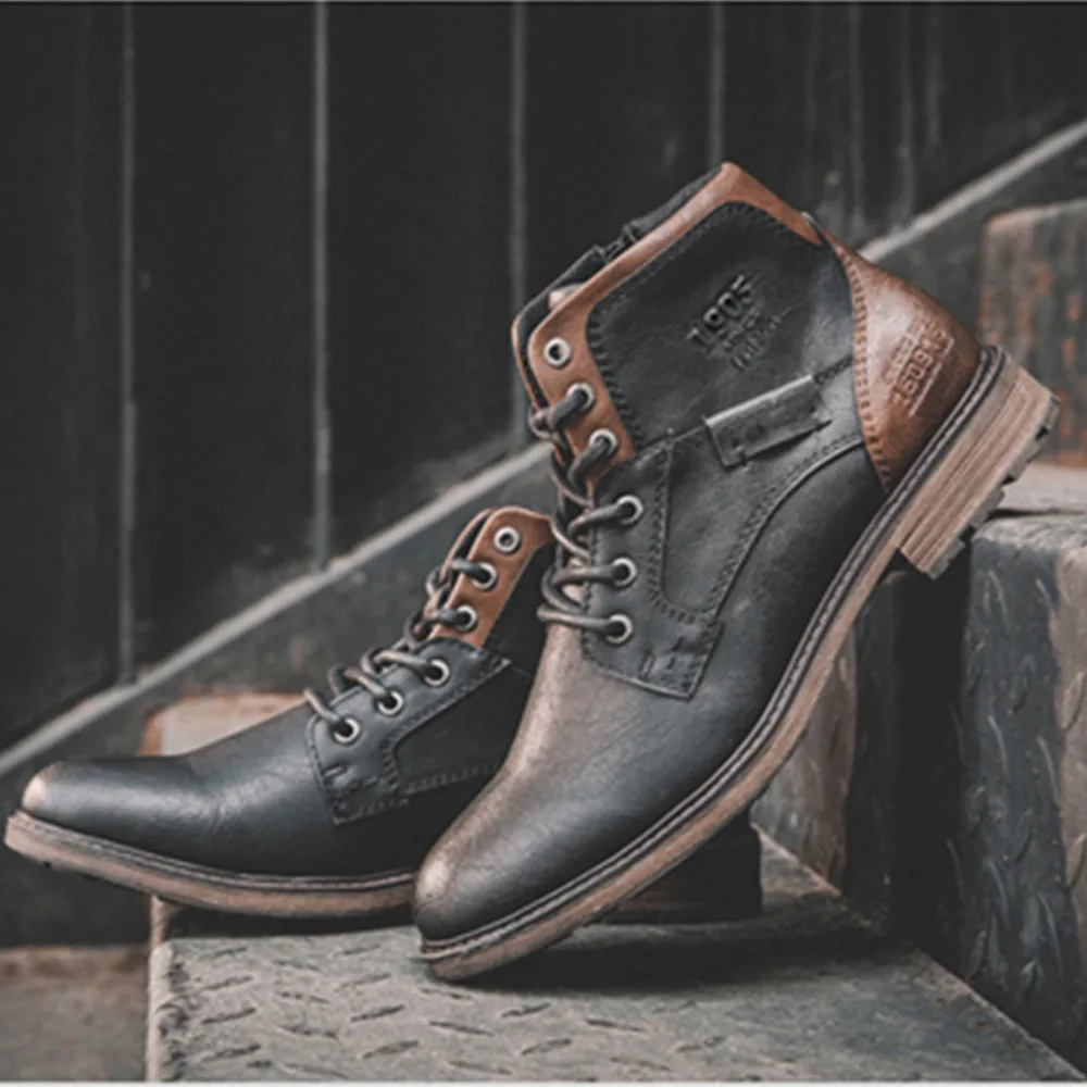 Fashion Retro Ankle Leather Men Boots High-Top Side Zipper Tooling Black Brown Boots Classic Outdoor Non-slip Autumn Shoes