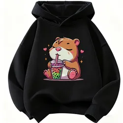 Capybara - Themed Children's Hoodie - Cute and Casual Spring Sweatshirt - 160 (BLACK)