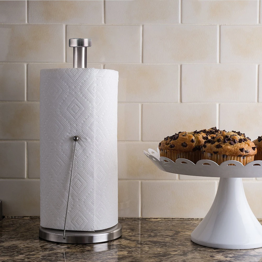 Silver Roll Holder with Round Base Standing Toilet Paper Holder Stainless Steel Roll Paper Towel Rack for Home Table Decor
