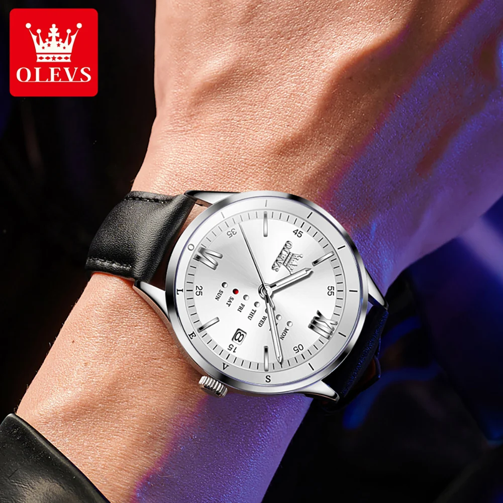 ساعة يد فاخرة للرجال OLEVS ، حزام جلد أصلي ، ساعة...