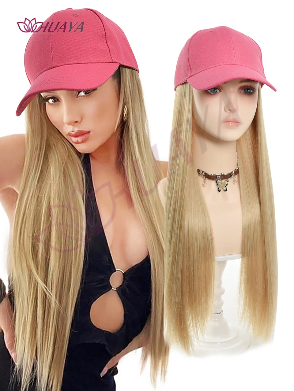 Pink Baseball Hat Hooded Wig Hat Wig Long Straight Wig Synthetic Hair Beginners Friendly Heat Resistant Natural Looking For Dail