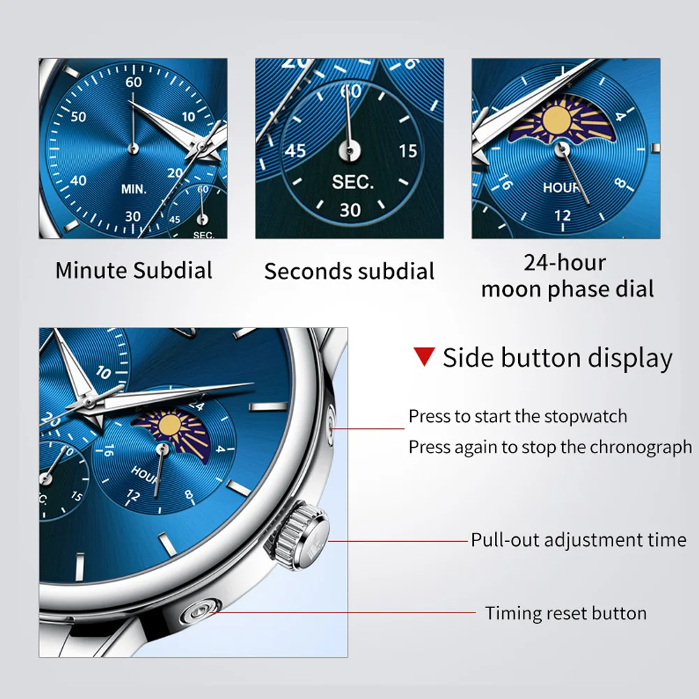 OLEVS Quartz Men Watch Moon Phase Waterproof Chronometer Original Brand Male Wristwatch Business Luminous Watch for Men  Fashion