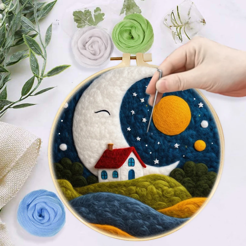 CHENISTORY 20x20cm Wool Felting Painting Kit Kit House Scenery Funny Diy Felt Crafts Package Felt Needle For Handicraft
