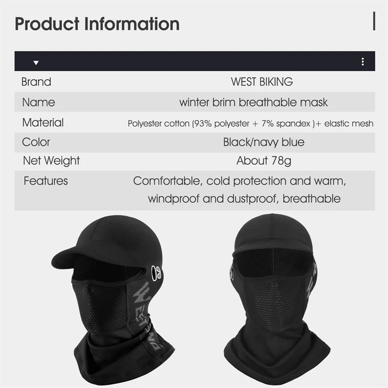 WEST BIKING Men Women Cycling Cap Winter Windproof Sport Balaclava Ski Helmet Liner Cap Neck Warmer Bicycle Motorcycle Headwear