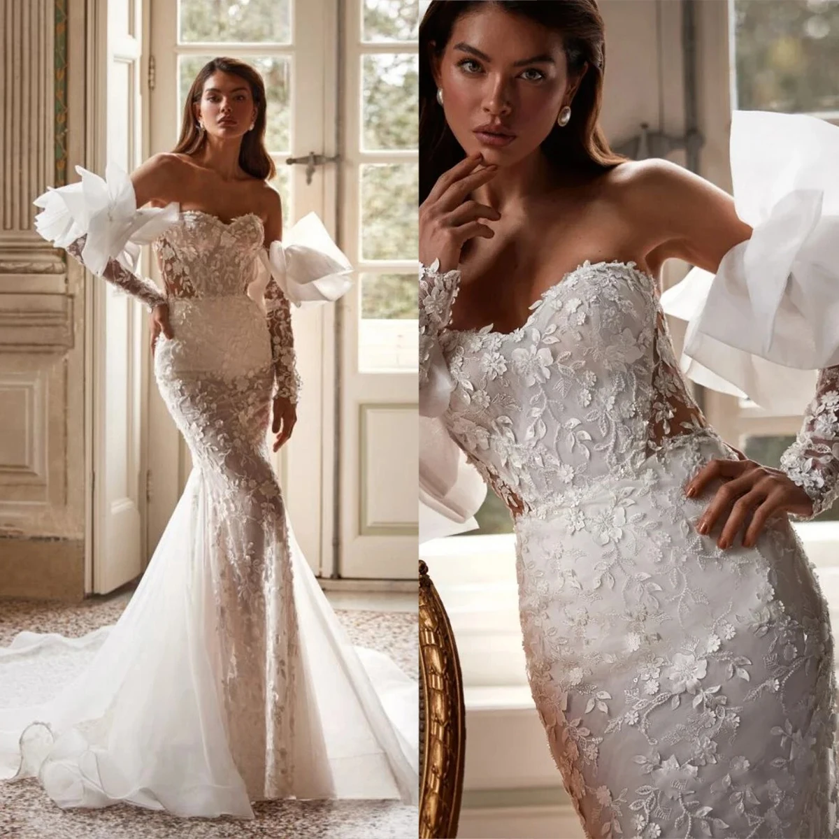 

Gorgeous Wedding Dresses Sweetheart Appliques Lace Mermaid Bridal Gowns Custom Made Long Sleeves Backless Sweep Train Robes