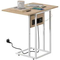 Table d'appoint pour canapé avec plateau pliable et station de charge, forme en C, pour salon, blanc et naturel 2