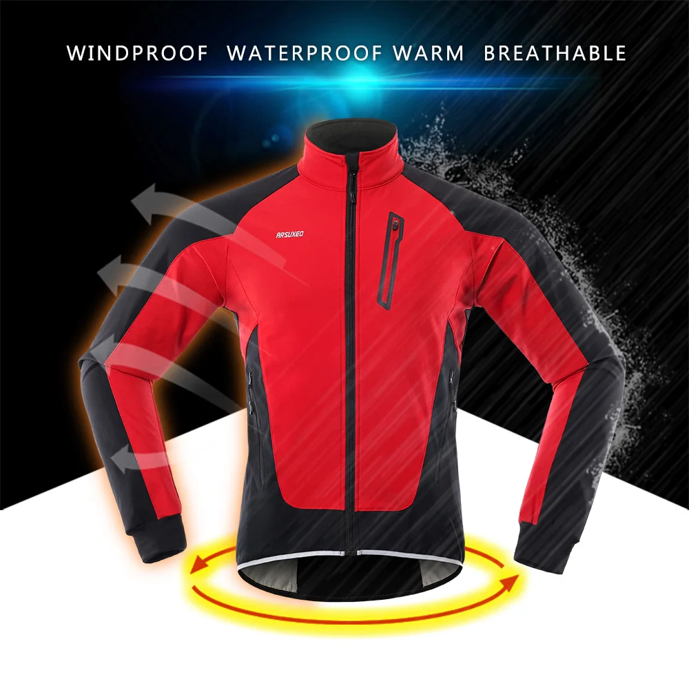 ARSUXEO Men's Winter Warm Cycling Jacket Windproof Thermal Fleece Breathable Waterproof Reflective Breathable MTB Clothing 20B