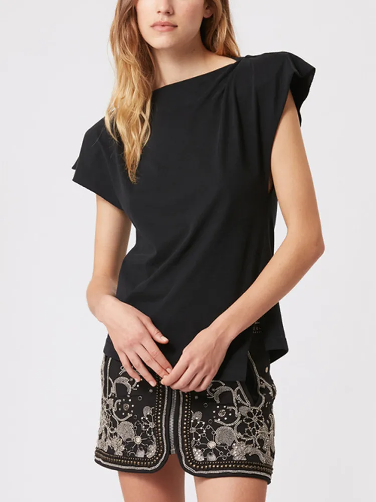 

2023 Asymmetric Slim Tshirt Women Casual Fashion Shoulder Pad Simple Cotton Top Lady White or Black Round Neck Tees