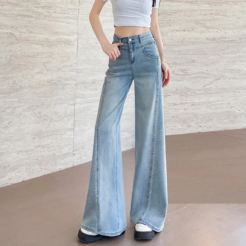 KSTUN 여성용 와이드 레그 청바지 벨 바닥 바지 여성 플레어 바지 streetwear 핫픽스 라인 석 디자이너 패치 워크 청바지 kpop