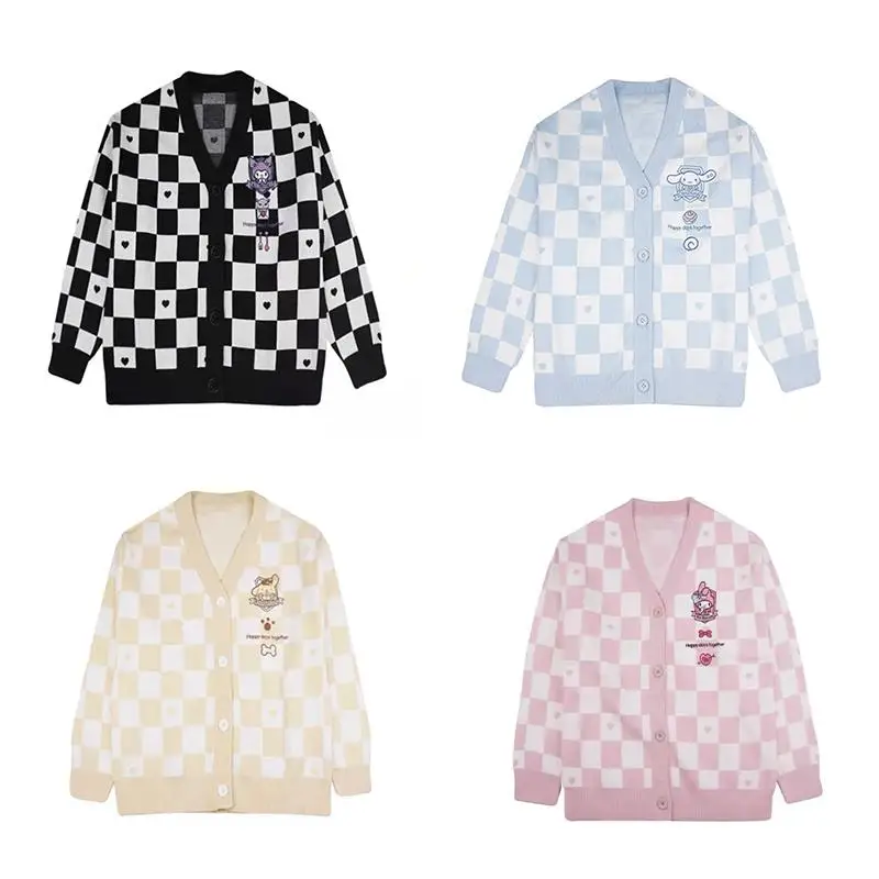 

Anime Sanrios Kuromi Melody Cinnamoroll Pompom Purin Cartoon Sweater Kawaii College Wind Single Checkerboard Knit Cardigan Coat