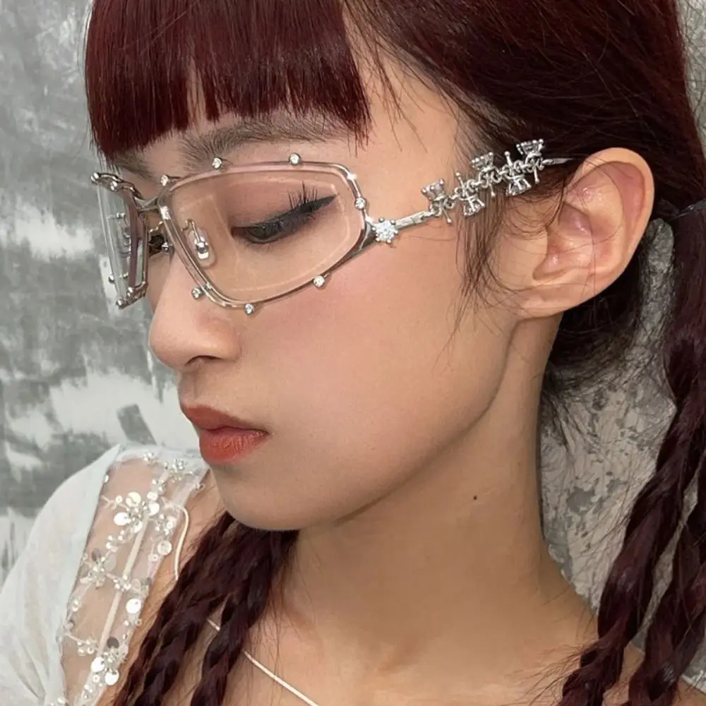 Oval Shades Frame Cat Eye Glasses Metal Bling Rhinestone Party Eyeglasses Oversized Optical Spectacle Eyeglass for Women Men