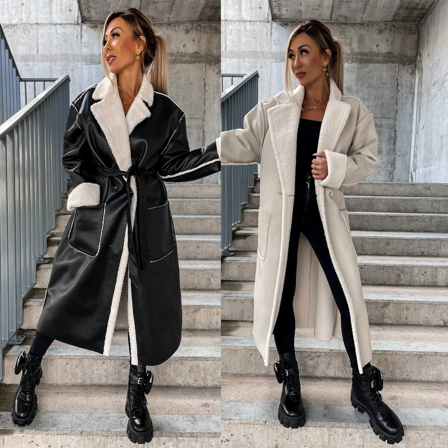 

Trench Coat for Women Casual Leather Thickened Long-sleeved Double-breasted Patchwork Coats with Pocket Winter Clothes Women