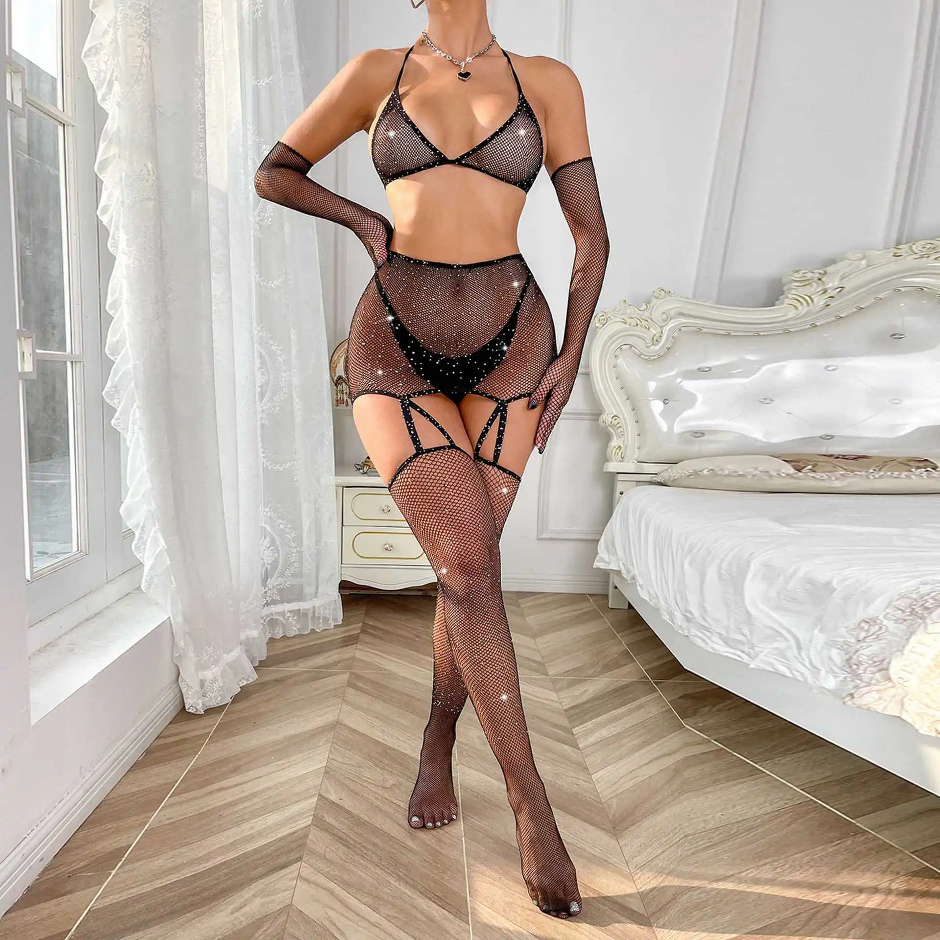 

Rhinestone Pantyhose Sexy Lingerie Set Bodystocking