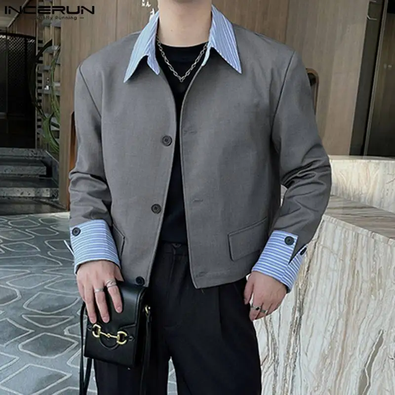 

INCERUN Men Blazer Striped Patchwork Lapel Long Sleeve Button Casual Suits Streetwear 2023 Fashion Korean Male Crop Coats S-5XL