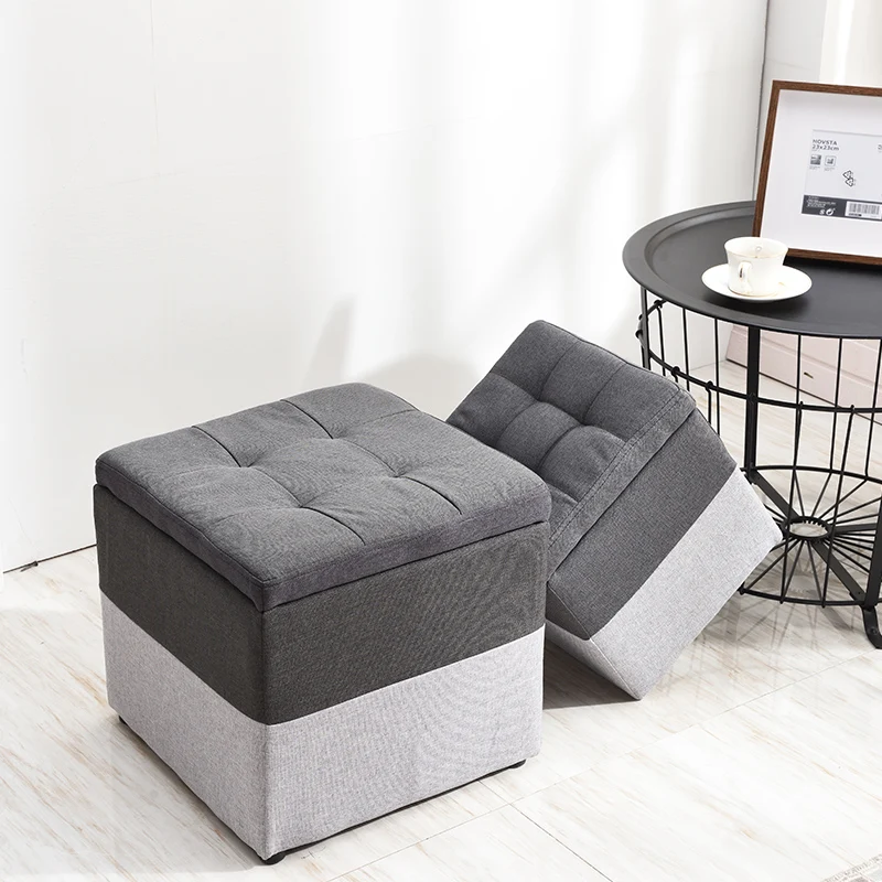 Minimalist Wooden Storage Ottoman with Fabric Seat