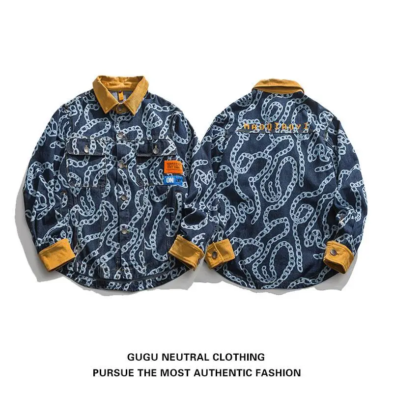American Casual Fashion Brand Denim Shirt Men Printing Color Contrast Hip Hop Jacket Street Couple Trend Shirt Workwear Men