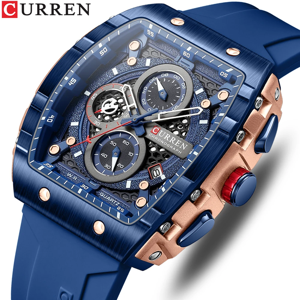 CURREN New Fashion Square Dial & Silicone Strap  Mens Watches Luxury Sport Waterproof Watch Man Chronograph Quartz WristWatches