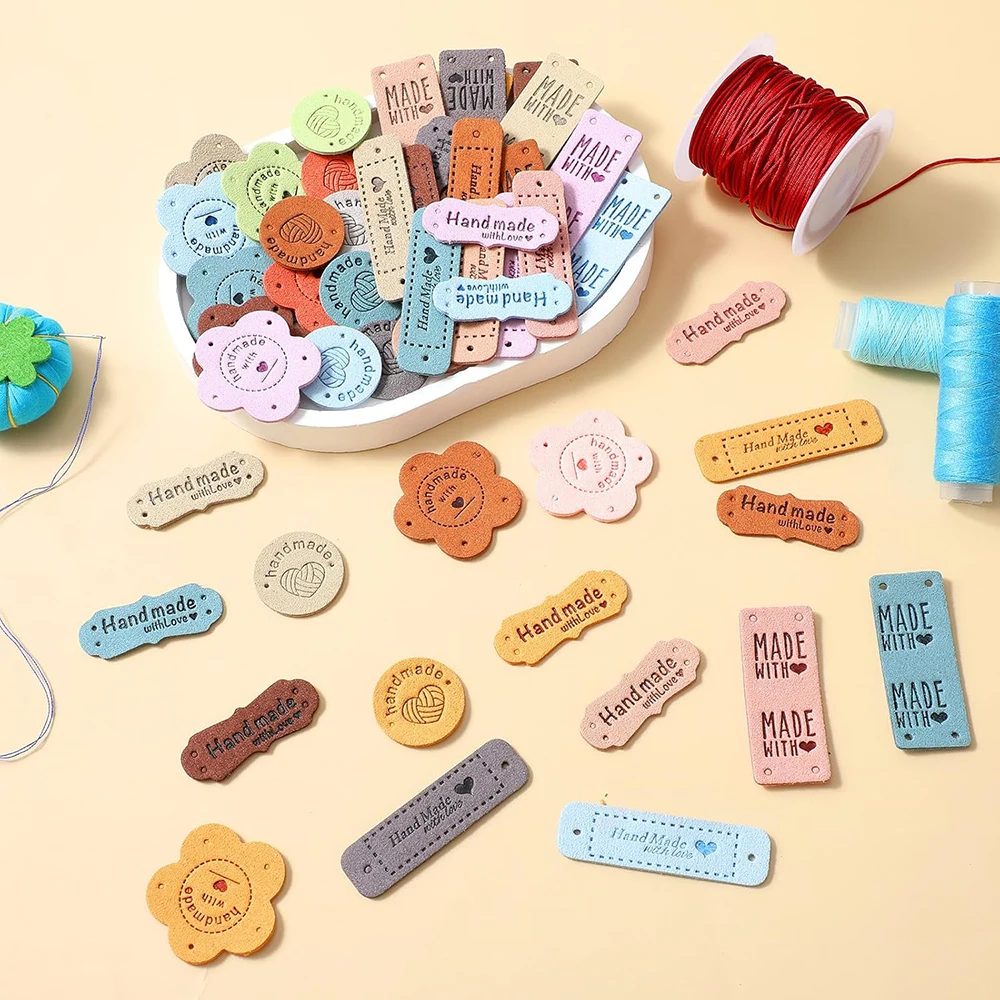 Leather Tags Clothing Labels 20 Handmade Colorful PU Leather Tags with Holes Crochet Sewing Labels For Embossed Tag Clothes Accessories
