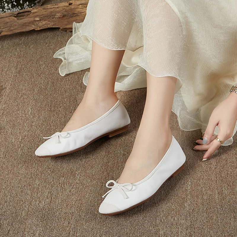 Retro Korean Bow Square Headed Baotou Grandma Shoes 2024 Summer New French Ballet Flat Shoes Women's Shoes