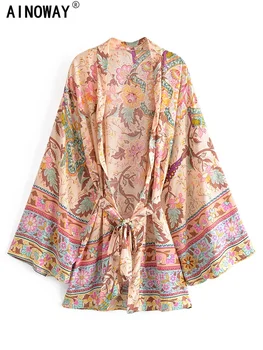 Vintage Peacock Floral Print Sashes Bohemian Kimono Women V Neck Batwing Sleeves Happie Short Robe Boho Bikini Cover-ups 1