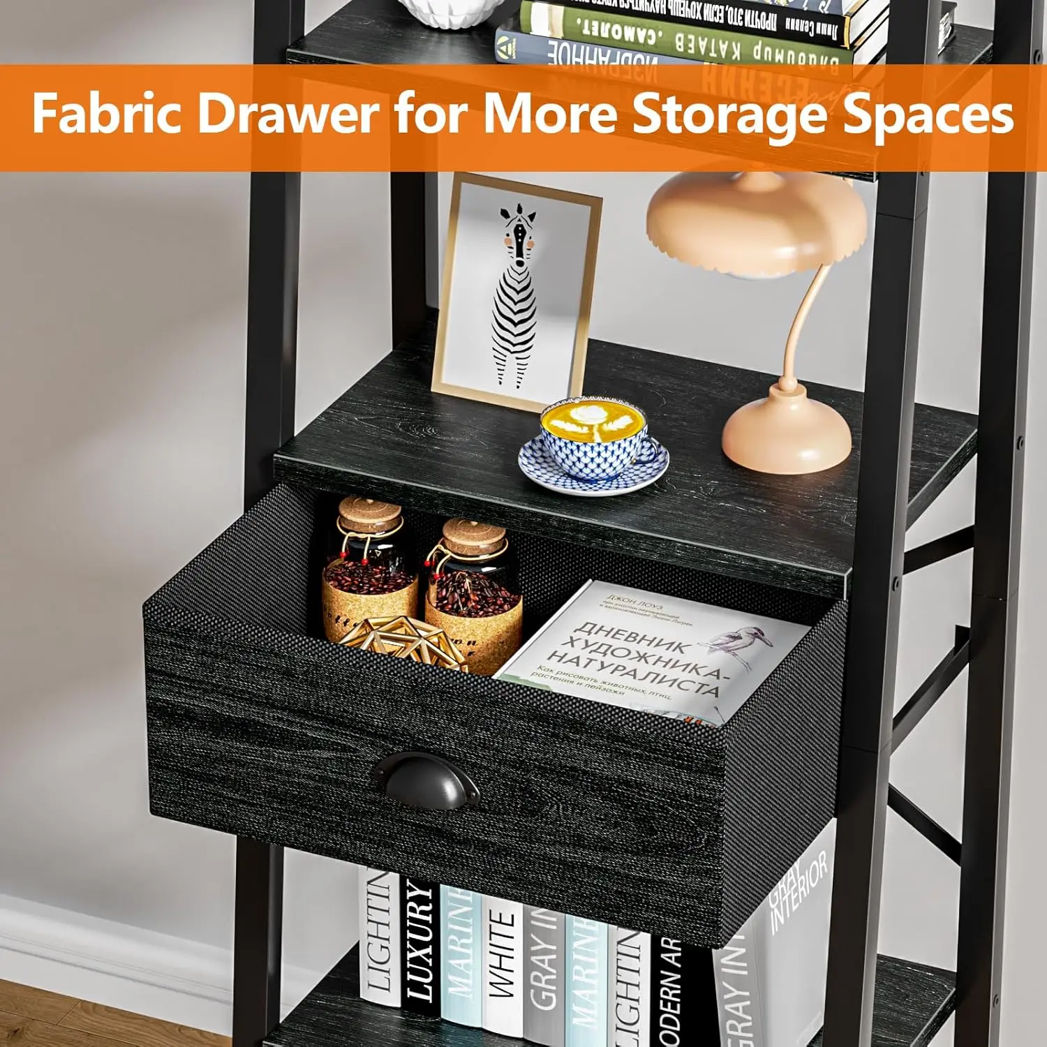 5 Tier Bookshelf. Ladder Shelf with Drawer. Tall Narrow Bookcase. Industrial Style. Black Oak.