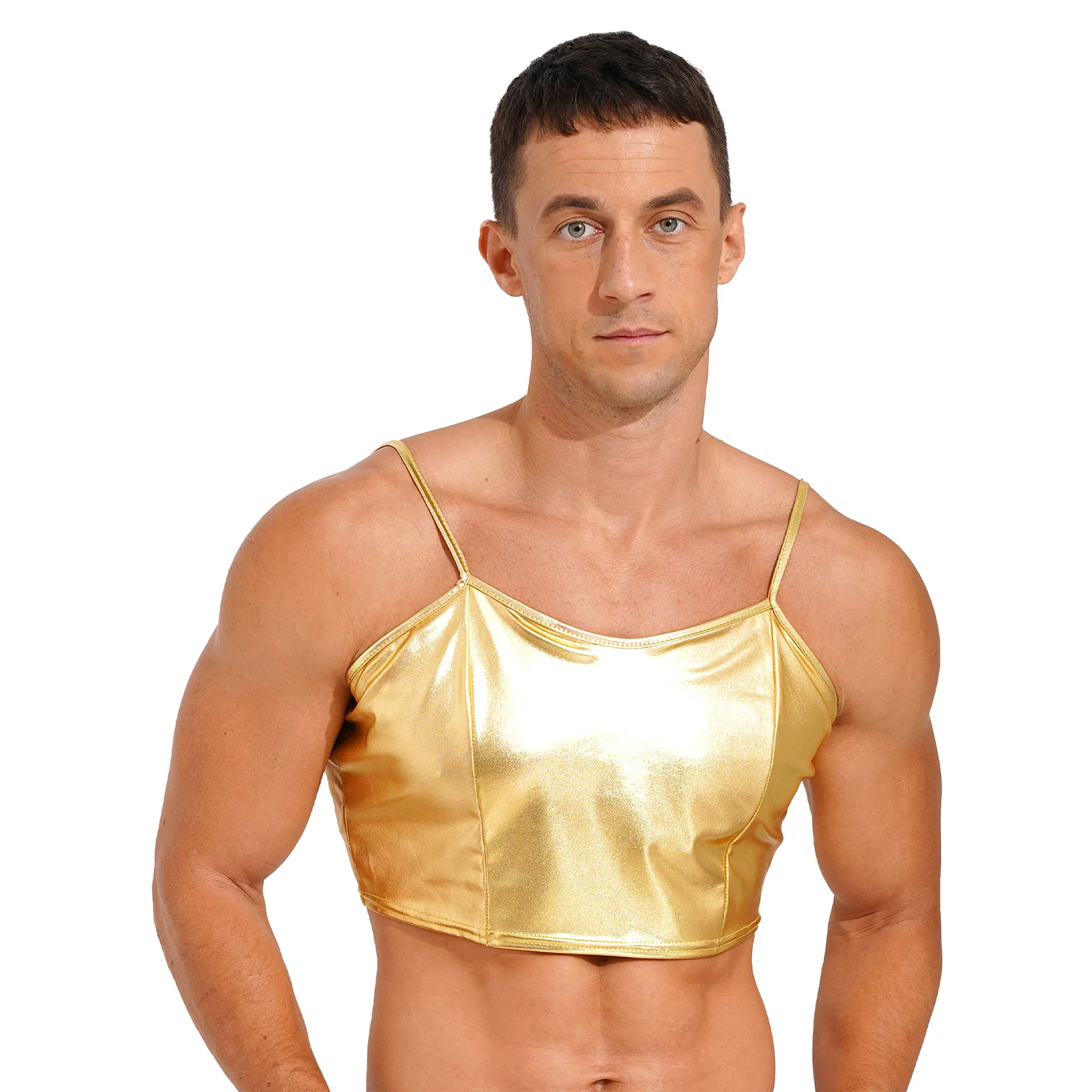 

Mens Metallic Tank Tops Shiny Muscle Camisole Bra Tops Adjustable Spaghetti Strap Crop Top Clubwear Fashion Glossy Vest Tops