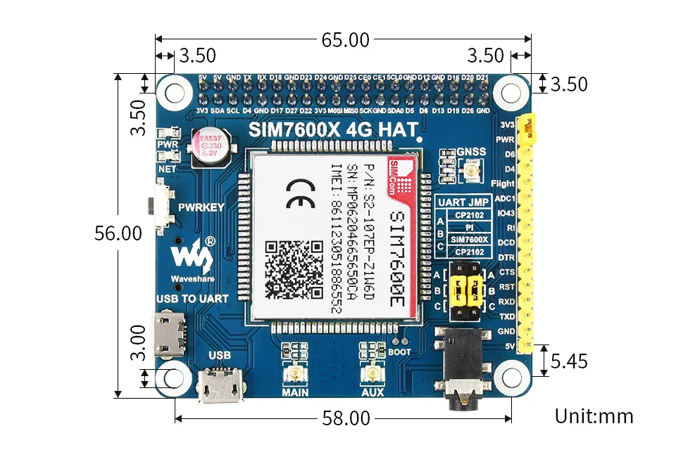 유럽, 동남아시아, 서아시아, 아프리카용 SIM7600E-H 4G HAT, 라즈베리 파이용 SIM7600 GSM / GPRS / GNSS HAT, LTE CAT4