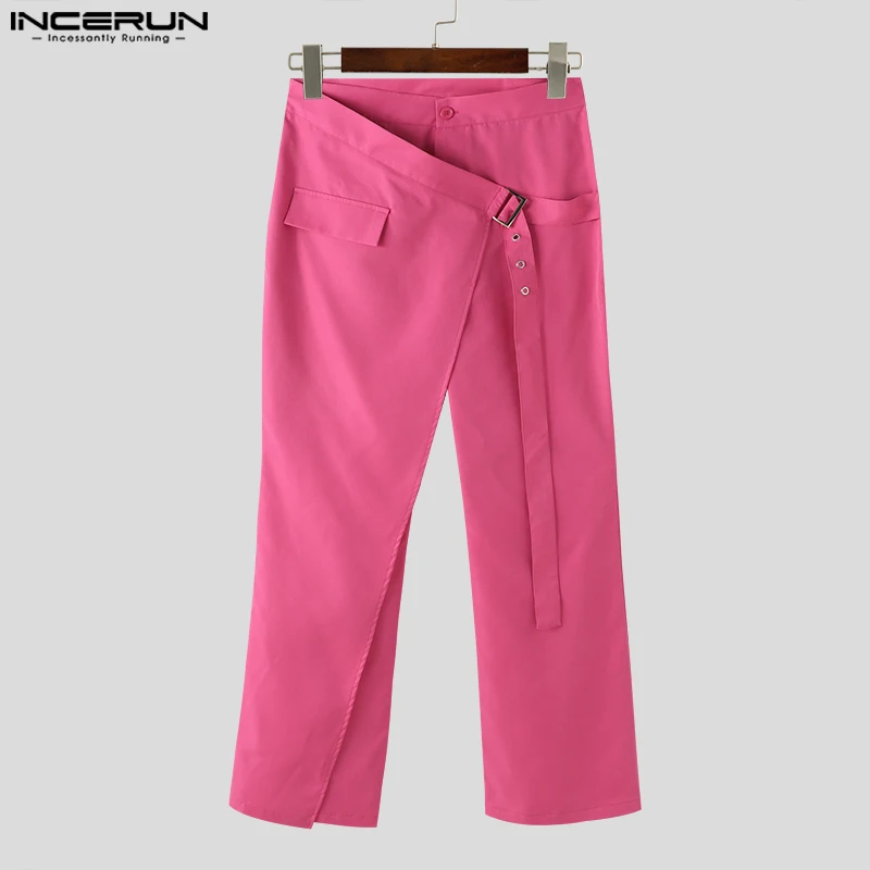 INCERUN 2023 American Style Fashion Mens Trousers Fake Two-piece Metal Buckle Pants Casual Street Solid Wide Leg Pantalons S-5XL
