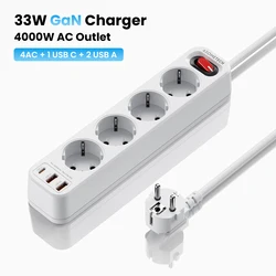 High - Power EU Plug Power Strip with USB and Fast Charging Surge Protection (White)