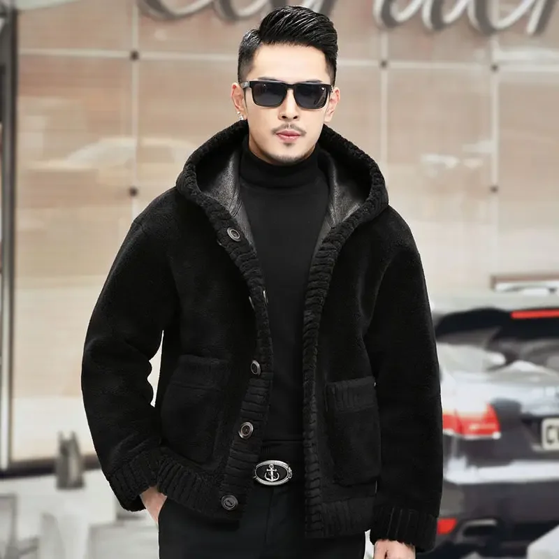 

2023 Winter Men's Fashion Double-sided Wear Hooded Coats Male Sheep Shearing Outwear Men New Genuine Wool Warm Jackets