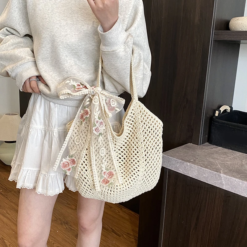 Solid Crochet Tote Handbag Summer Beach Bag Fashion Women's Mesh Woven Shoulder Bags Large Capacity Knitting Underarm Bag