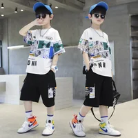 Summer Boys Cotton Alphabet Picture Printed T-Shirt Tops+Shorts Pant School Kids 2PCS Tracksuit Child Outfits Workout Set 3-16Yr