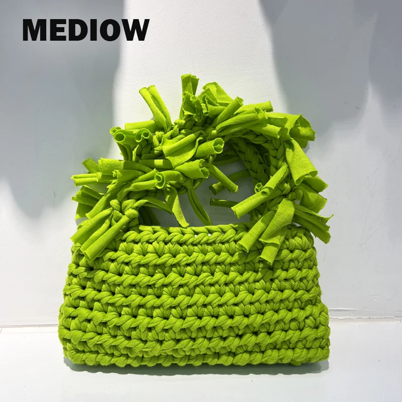 

MEDIOW Tote Bags For Women Luxury Designer Handbags And Purse 2023 New In Cotton Fabric Weave Hollow Out Tassel Handle Small