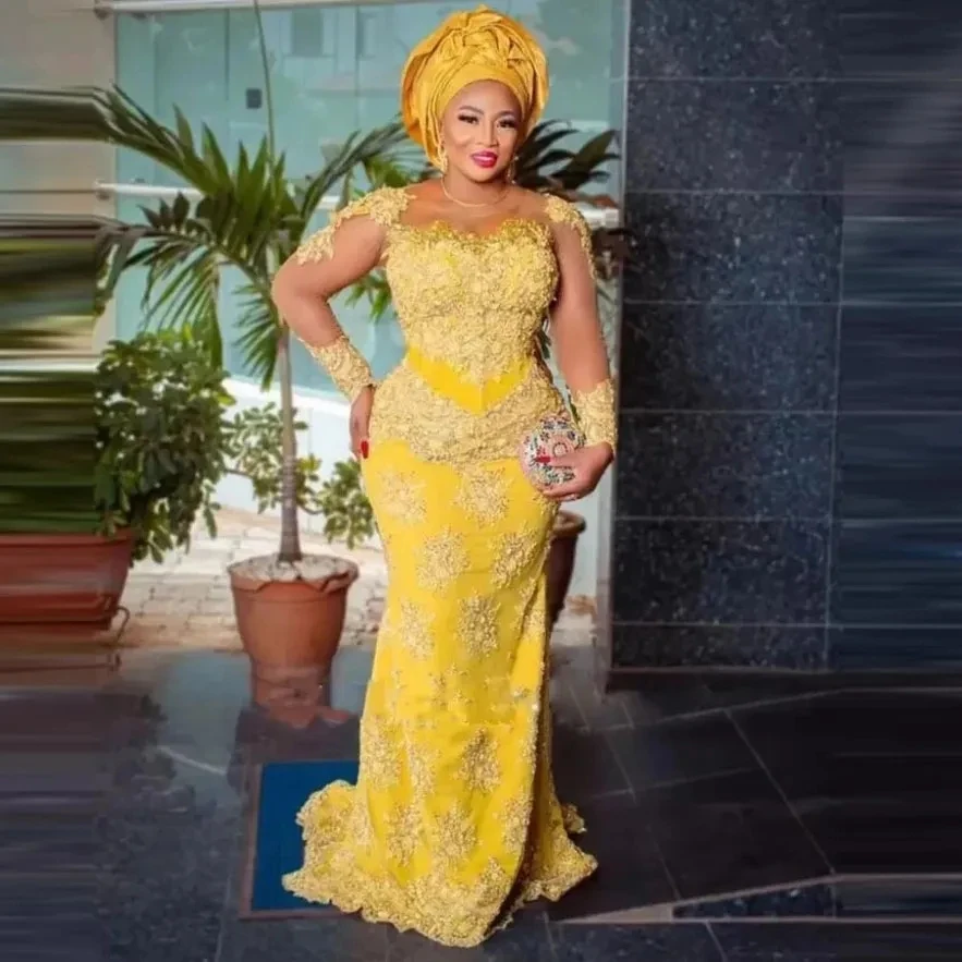 

Винтажное желтое кружевное платье Aso Ebi, африканские женские вечерние платья для выпускного вечера с длинным рукавом, нигерийские Свадебные платья на заказ