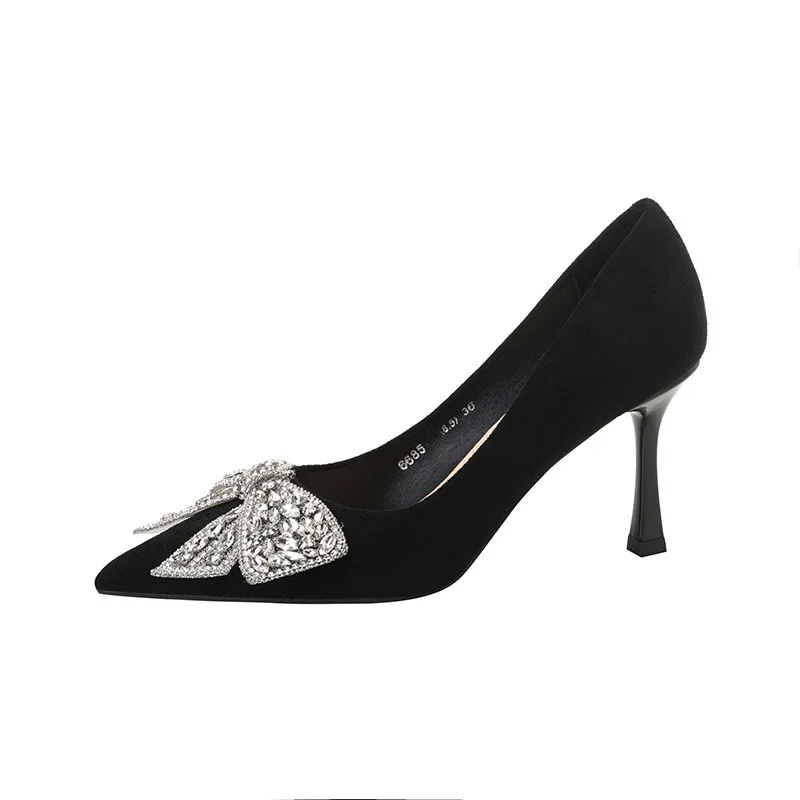 

Spring Autumn Women Pumps flock 6CM Thin High Heels Pointed Toe Slip-On Butterfly-knot Solid Shoes For Women black 8.5CM