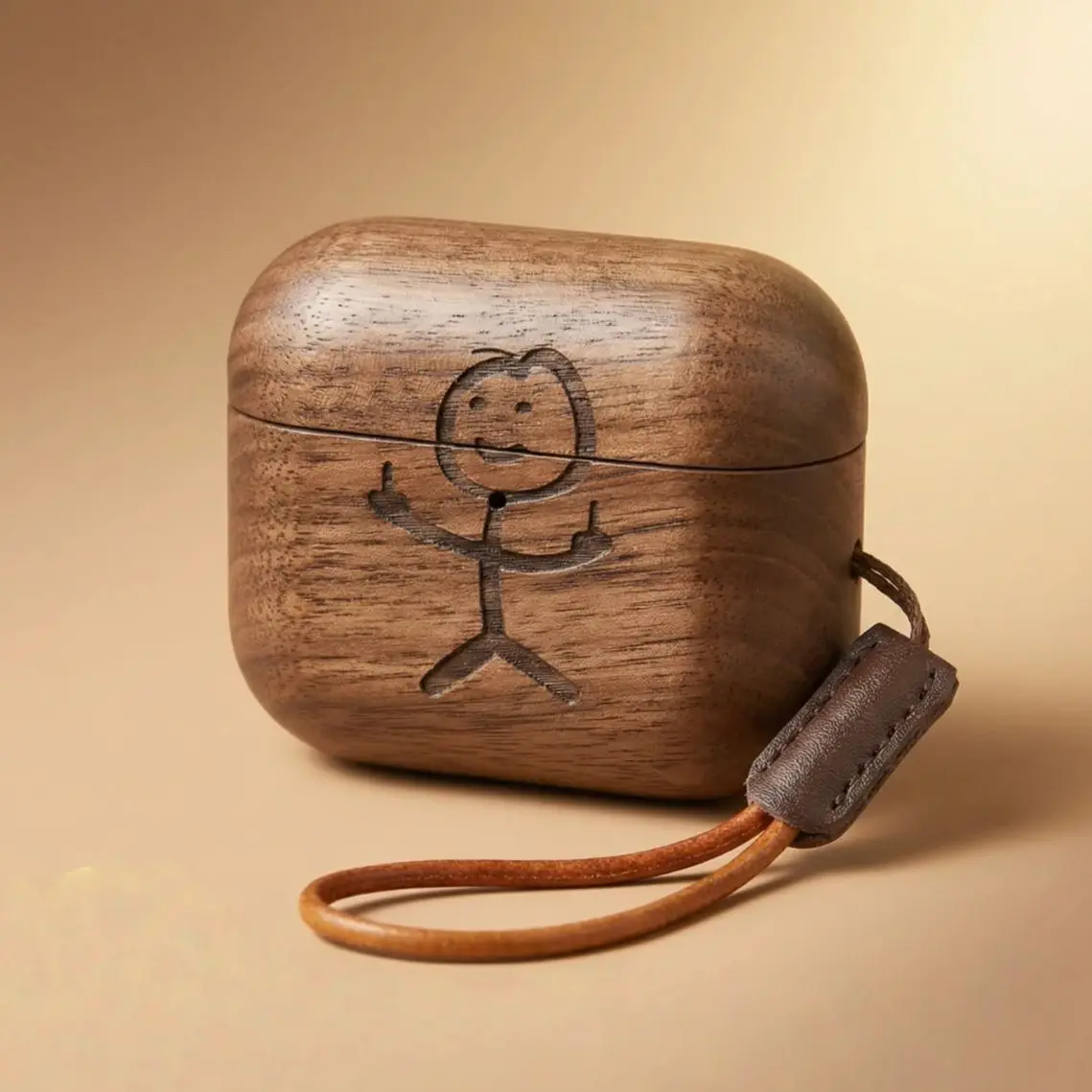 Walnut Wood Round Frame Protective Case with Engraved Stickman Pattern