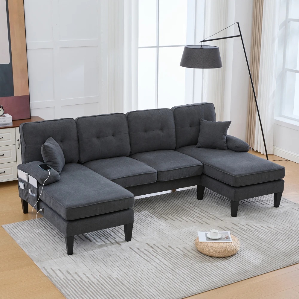 Großes U-förmiges 4-Sitzer-Sofa aus Weichem Leinen, Moderne Rückenlehne, mit 2 Chaiselongues, Stabilen Füßen und Gemütlichen Sitzkissen – Detail 13
