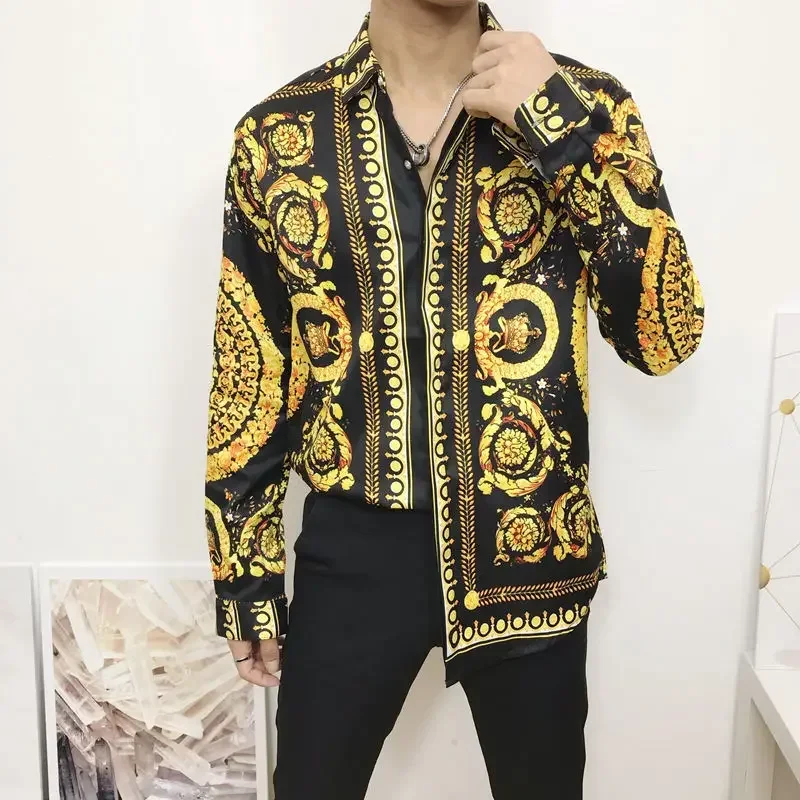 

2024 New Fashion Men's Dress Shirts Hipster Long Sleeve Fancy Luxury Design Baroque Floral Print Wedding Party Prom Shirts