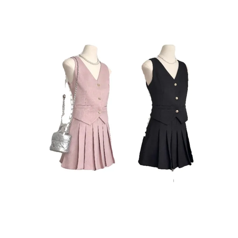 2024 French Suit Dress Vintage Vest + High Waist Pleated Skirt Two Piece Women Summer Suits