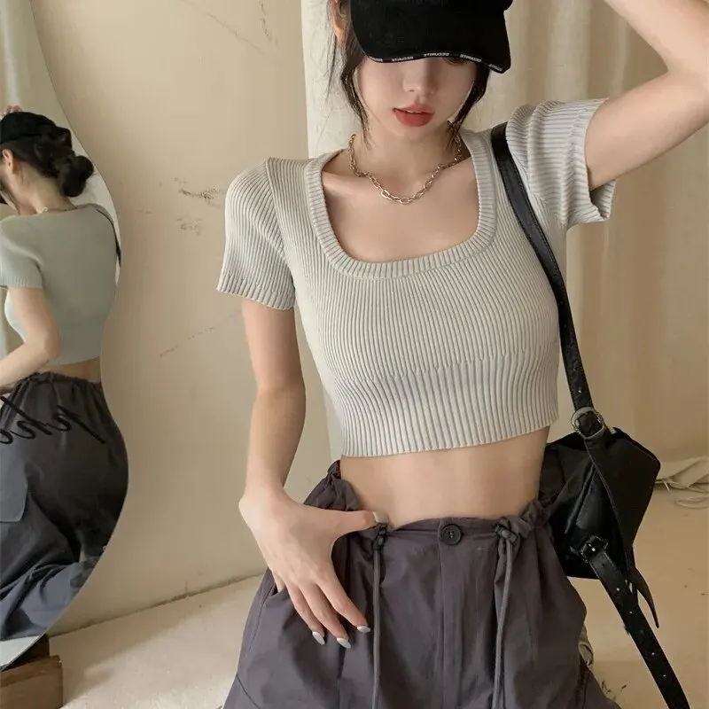 여성용 오피스 스퀘어 넥 더블 브레스트 가디건, 솔리드 슬림 반팔 니트 셔츠, 올 매치 착용, 야외 크롭탑, 여름 신상 