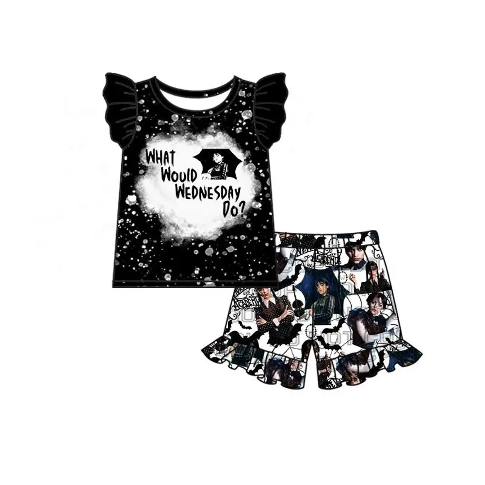 

Wholesale Kids Wednesday Outfits Cartoon Girls Pearl Sleeve Ruffles Shorts Set